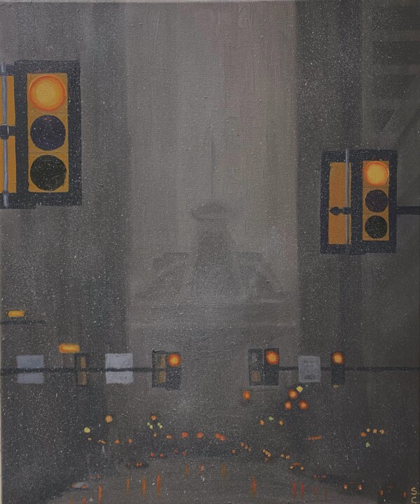 Painting titled "Philadelphia." by Sophie Cousineau, Original Artwork, Oil Mounted on Wood Stretcher frame
