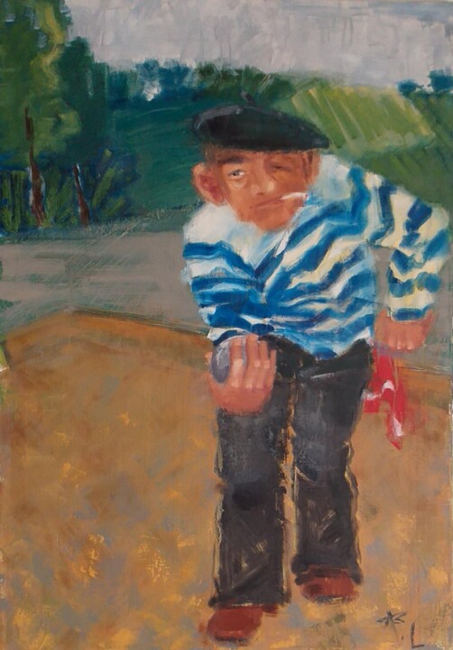 Painting titled "La partie de pétanq…" by Ludmila Ternano Dolgova, Original Artwork, Oil Mounted on Wood Stretcher frame