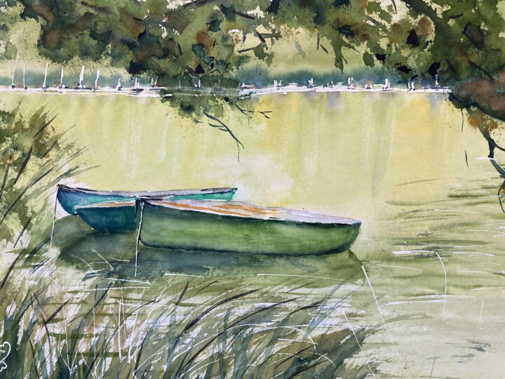 Painting titled "Nuances de vert" by Mireille Bridier, Original Artwork, Watercolor