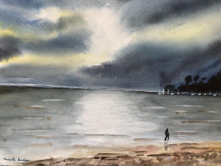 Painting titled "Promenade solitaire" by Mireille Bridier, Original Artwork, Watercolor