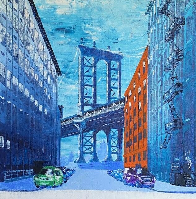 Peinture intitulée "NEW YORK BLEU " par Gly, Œuvre d'art originale, Bois