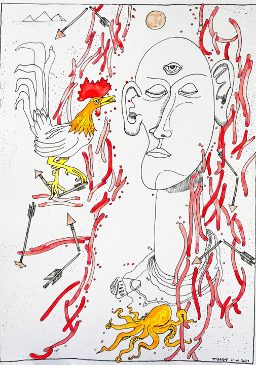Drawing titled "Octopus 1 - Les Ima…" by Christophe Tissot, Original Artwork, Ink