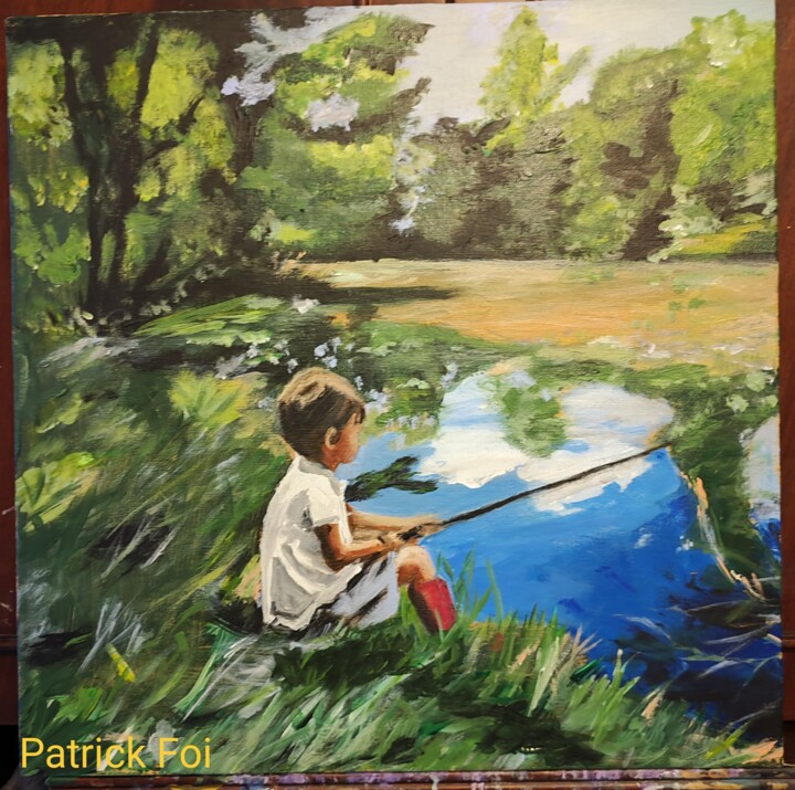 Painting titled "Garçon à la pêche " by Patrick Foi, Original Artwork, Oil