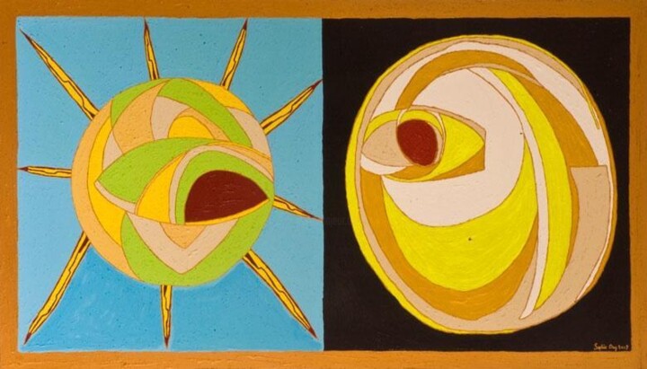 Painting titled "Sun Moon" by Sophie Ong, Original Artwork, Wood