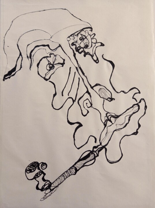 Dessin intitulée "Le pêcheur penseur" par Vally Nico, Œuvre d'art originale, Encre