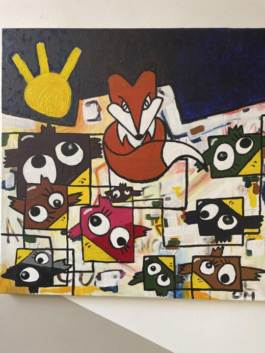 Painting titled "Chères poules, gare…" by Om, Original Artwork, Acrylic