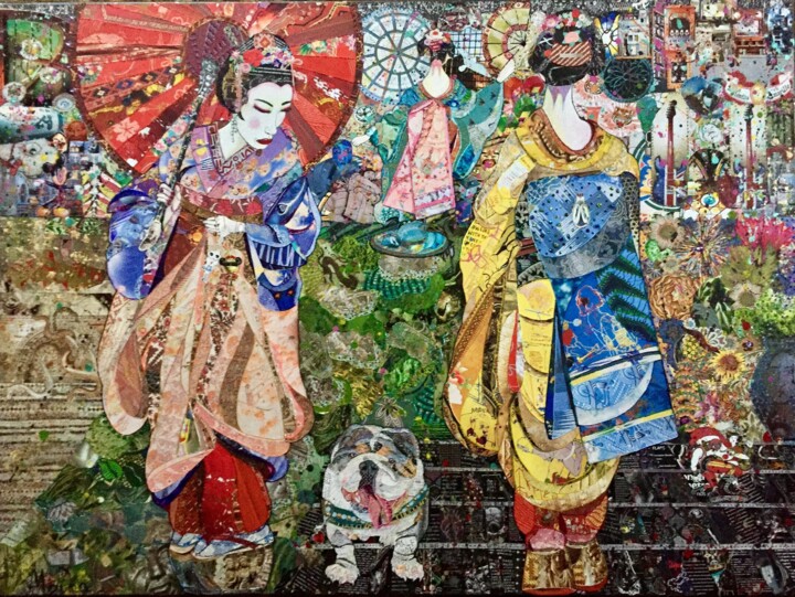 Collages titled "chiko and the three…" by Moira Mcainsh, Original Artwork, Collages Mounted on Wood Stretcher frame