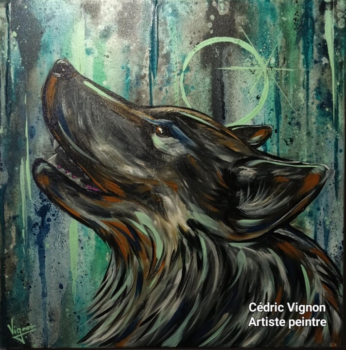 Peinture loup animal street art turquoise vert gis noir 绘画, 19.7x19.7 in