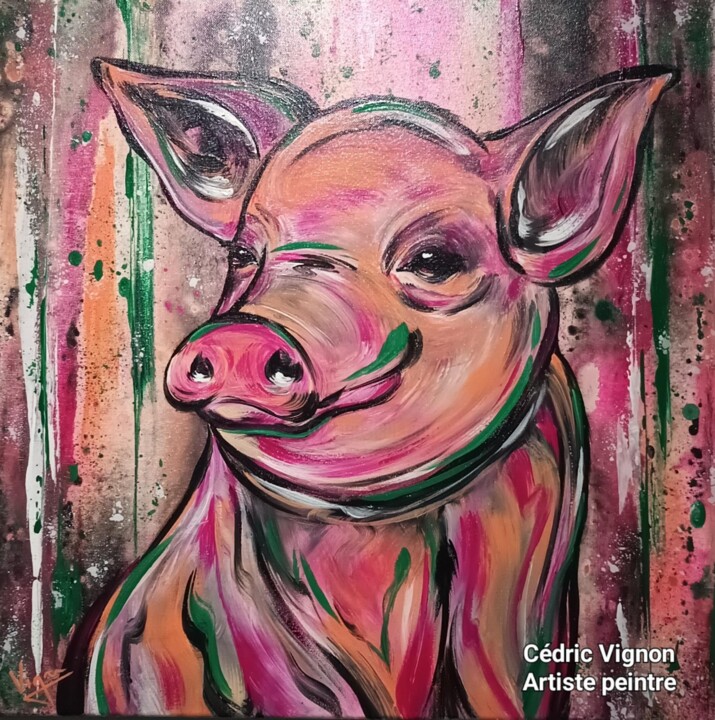 Peinture cochon pig animal street art rose vert noir 绘画, 19.7x19.7 in