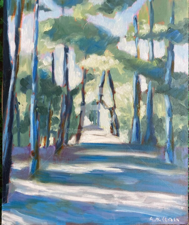 Painting titled "l allée bleue" by A.N.Leroux, Original Artwork, Oil