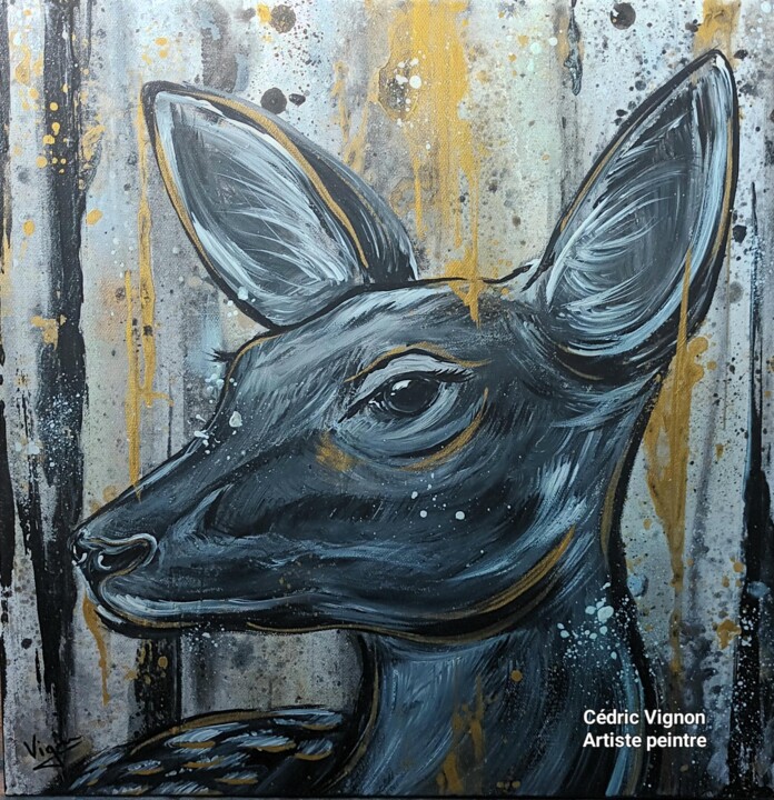 Peinture biche deer animal street art noir blanc or 绘画, 15.8x15.8 in