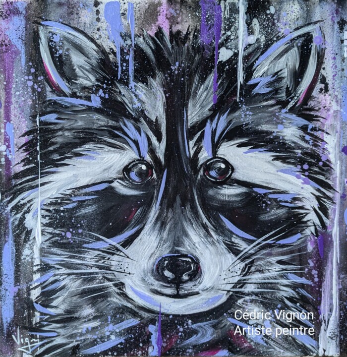Peinture raton laveur animal noir blanc violet street art 绘画, 15.8x15.8 in