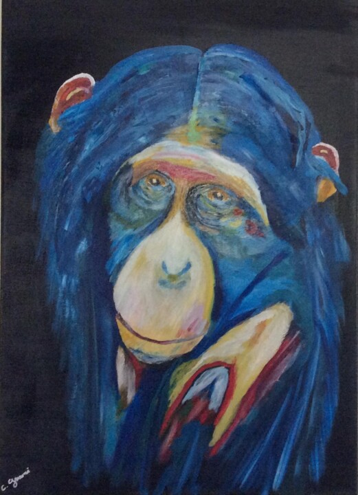 Painting titled "Le singe huile sur…" by Christian.Grisoni, Original Artwork, Oil