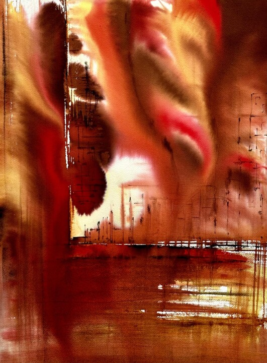 Painting titled "Fumées" by Franck Giraud, Original Artwork, Watercolor