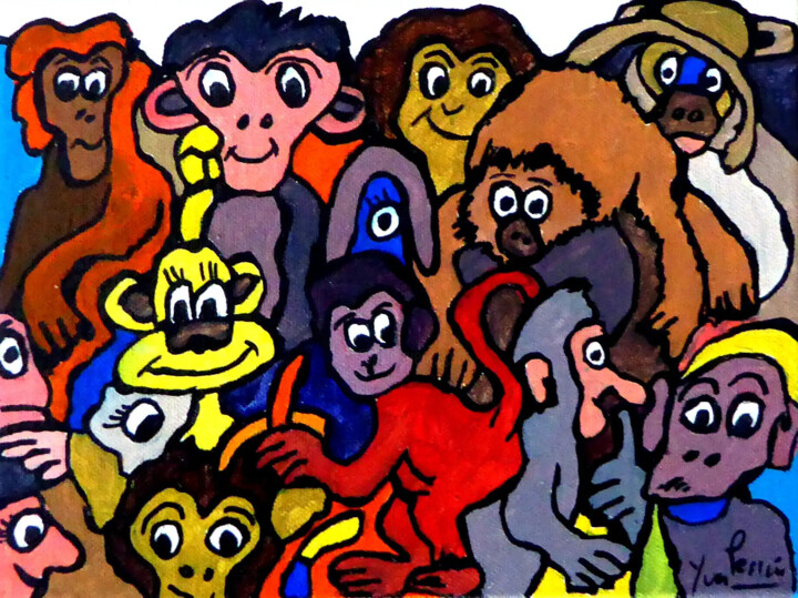 Painting titled "singes joyeux" by Yves Perrin, Original Artwork, Acrylic