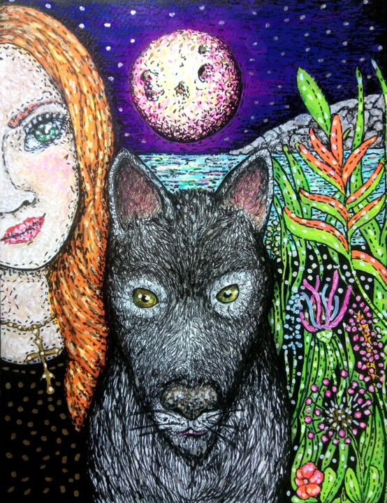 Drawing titled "Le Loup, la Lune et…" by Karine Garelli (Reds Robin), Original Artwork, Paper