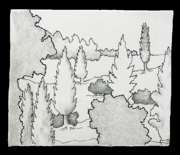 Drawing titled "Arbres Bistrot 6" by Bernard Lassus, Original Artwork, Ink