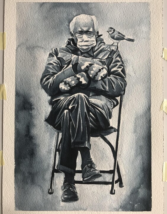Painting titled "Birdy Bernie" by Fabrizio Acquisto, Original Artwork, Watercolor