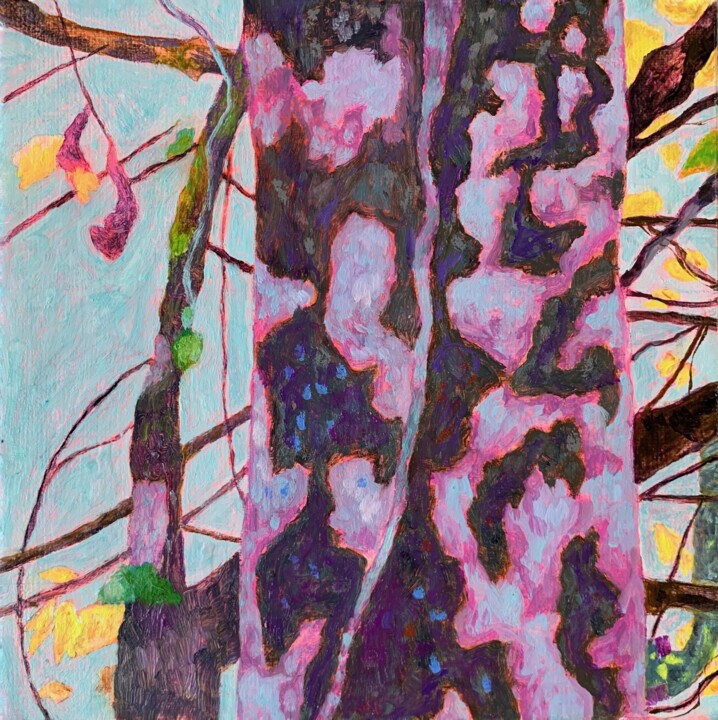 Painting titled "Tronc Violet, Soir" by Ross Gash, Original Artwork, Oil Mounted on Wood Stretcher frame