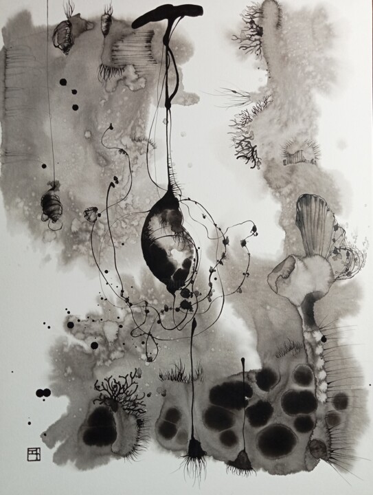 Dessin intitulée "Souvenir / La mer V…" par Eriko Matsuda, Œuvre d'art originale, Encre