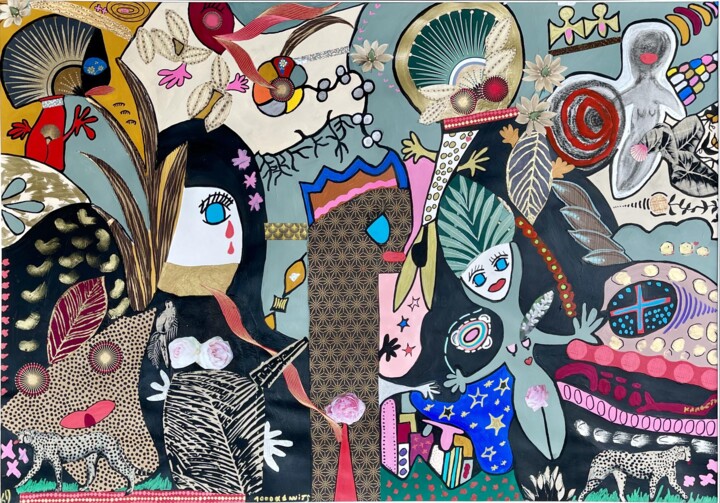 Collages intitulée "LA CROISEE DES MOND…" par Kragethe, Œuvre d'art originale, Acrylique