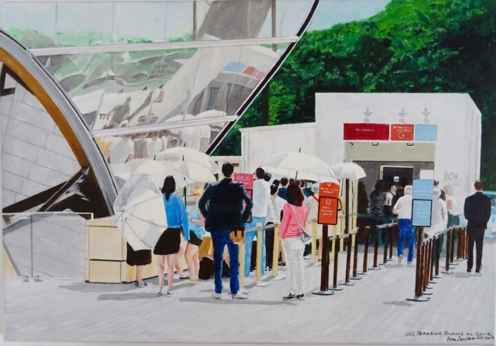 Painting titled "Les Parapluies Blan…" by Paul Sullivan, Original Artwork, Acrylic Mounted on Wood Stretcher frame