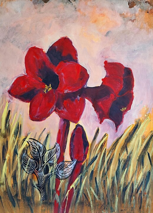 Gravures & estampes intitulée "Amaryllis 4 " par Delphine Epron, Œuvre d'art originale, Acrylique