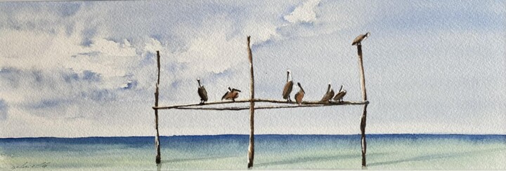 Painting titled "Portique sur la mer " by Gabrielle, Original Artwork, Watercolor