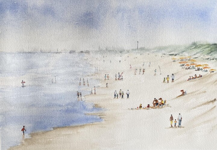 Painting titled "Brume sur la plage " by Gabrielle, Original Artwork, Watercolor