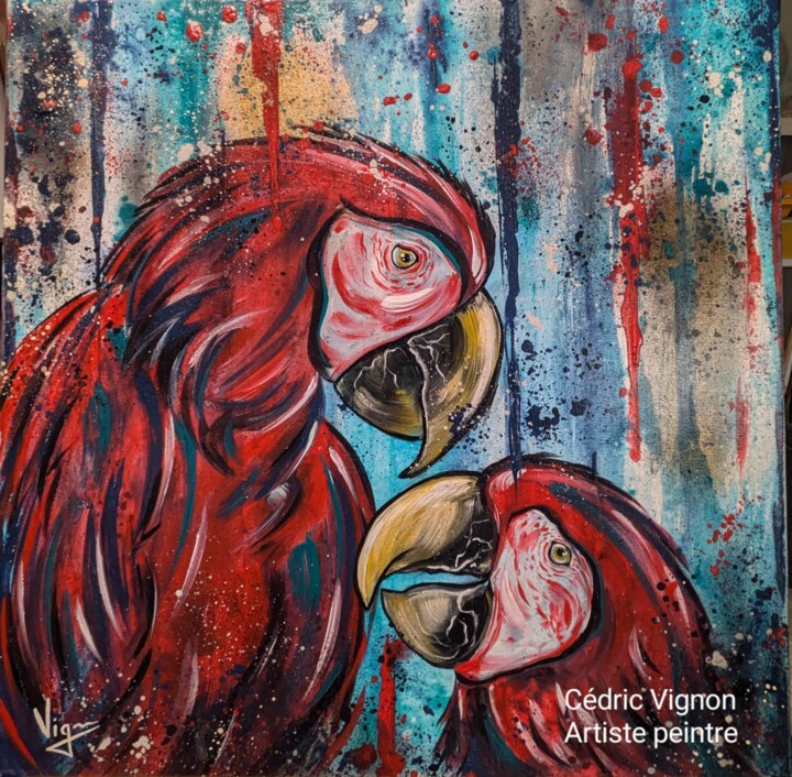Peinture Perroquet animal street art noir rouge bleu 绘画, 19.7x19.7 in