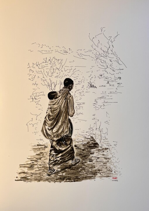 Drawing titled "Retour à la hutte " by Bdv, Original Artwork, Textile fiber