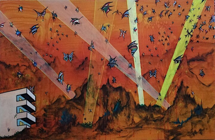Painting titled "Vol de nuit post-nu…" by Harry Kampianne, Original Artwork, Acrylic
