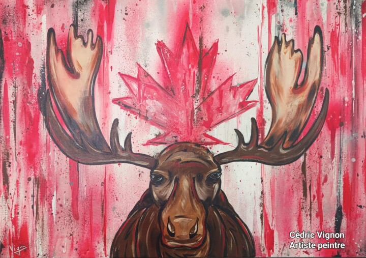Peinture Orignal animal rouge blanc marron street art Canada 绘画, 25.6x36.2 in
