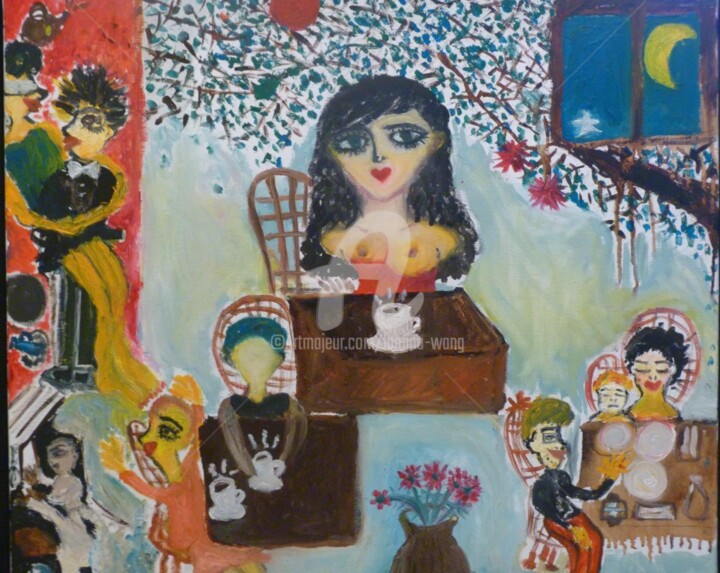 Peinture intitulée "Café Nocturne (enca…" par Lumina Wang, Œuvre d'art originale, Huile