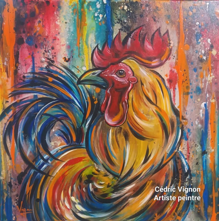 Peinture coq rooster animal street art rouge bleu orange 绘画, 19.7x19.7 in