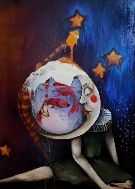 LA LUNE ET LA CONTORSIONNISTE À TÊTE D'OEUF Tablo, 38,6x31,9 in