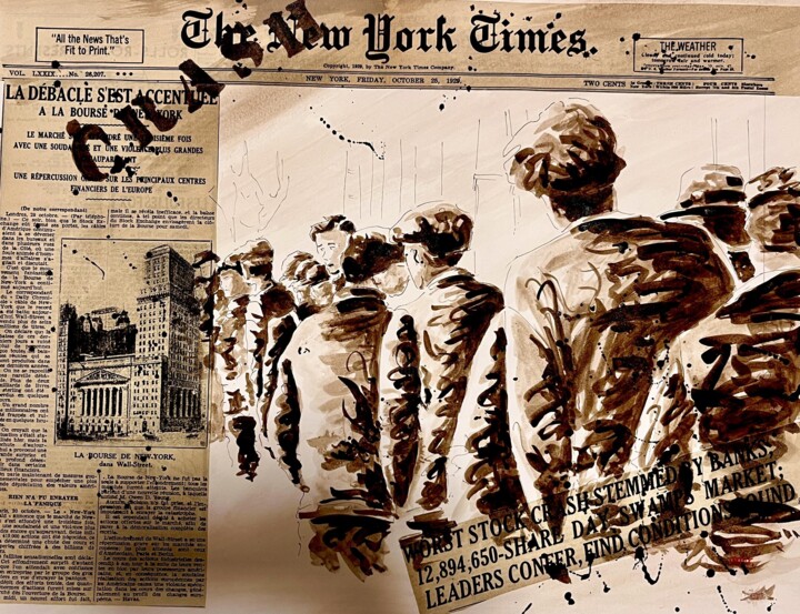 Drawing titled "Crash boursier enca…" by Bdv, Original Artwork, Ink