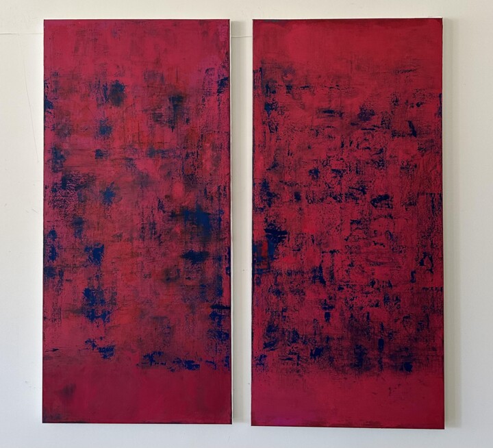 Painting titled "Rouge et bleu x 2" by Beatrice Géneau, Original Artwork, Oil Mounted on Wood Stretcher frame
