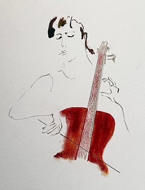 Drawing titled "Red Cellist" by Franck Sadock, Original Artwork, Ink