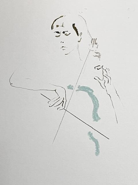 Drawing titled "Blue cellist" by Franck Sadock, Original Artwork, Ink