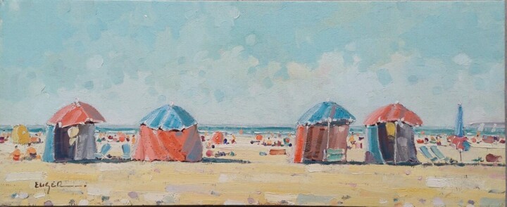 Painting titled "Parasols bleus et r…" by Philippe Euger, Original Artwork, Oil