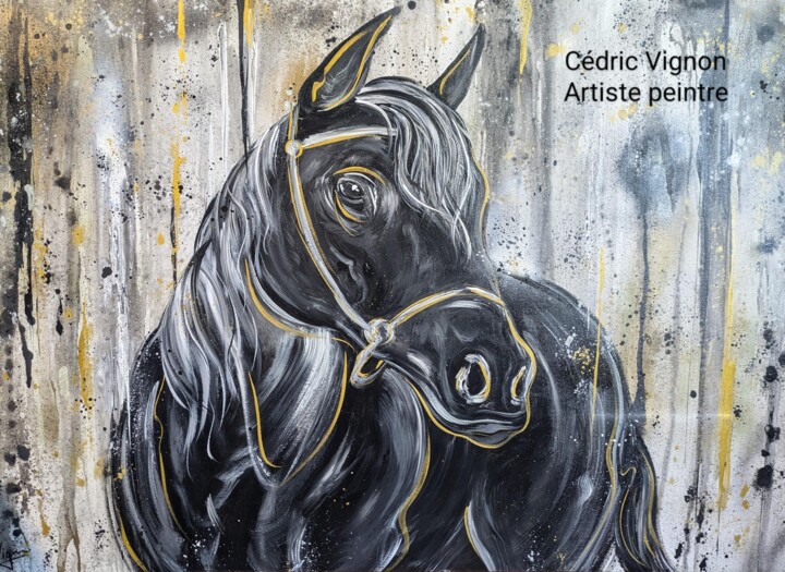 Peinture cheval noir blanc or horse Black animal street art 绘画, 27.6x39.4 in