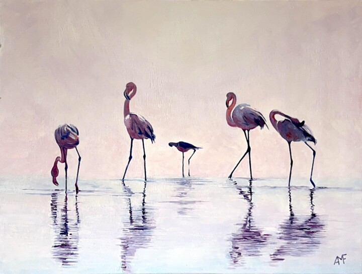 Schilderij getiteld "Flamants au point d…" door Arnaud Feuga, Origineel Kunstwerk, Hout