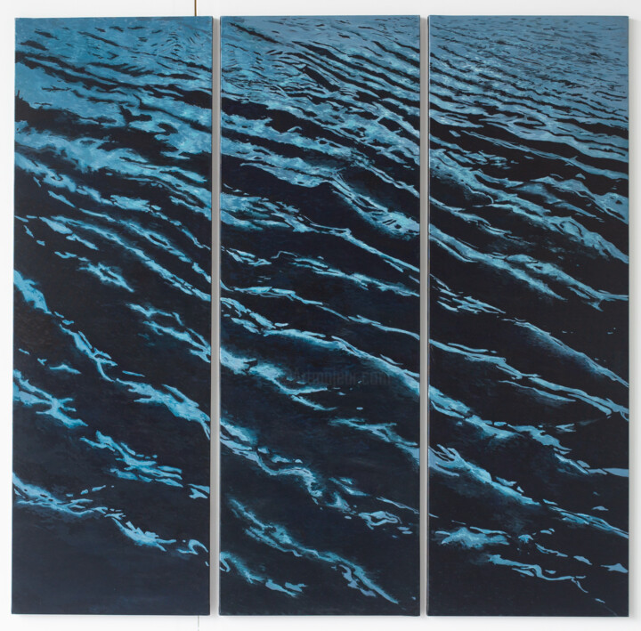 Painting titled "La Seine, la nuit." by Aude Monier, Original Artwork, Acrylic Mounted on Wood Stretcher frame