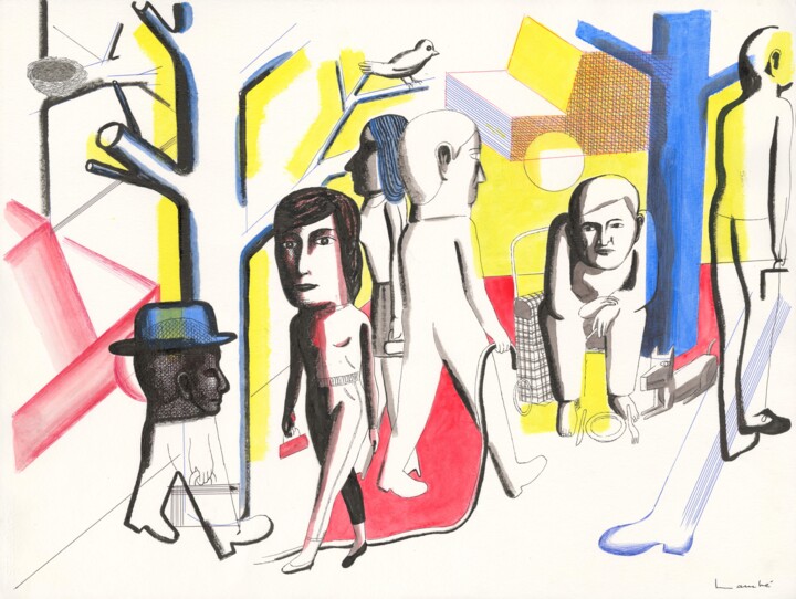 Zeichnungen mit dem Titel "La rue" von Eric Lambé, Original-Kunstwerk, Acryl