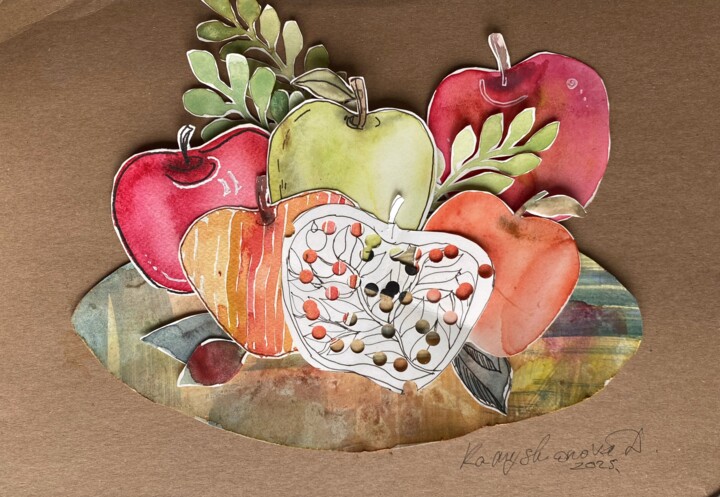Schilderij getiteld "Сollage with apples2" door Daria Kamishanova, Origineel Kunstwerk, Aquarel