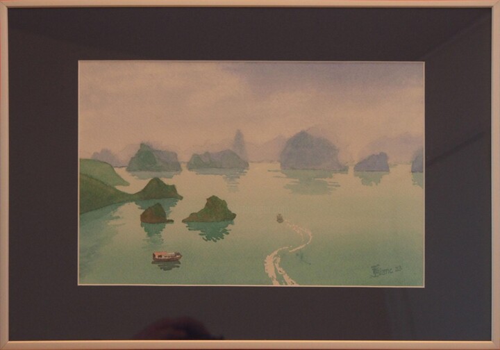 Painting titled "Paysage maritime en…" by Faby75, Original Artwork, Watercolor Mounted on Cardboard