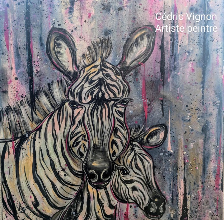 Peinture zèbres animaux street art noir blanc rose violet 绘画, 31.5x31.5 in