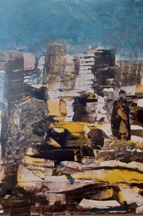 Painting titled "Dans la ville dévas…" by Serge Maronese, Original Artwork, Acrylic Mounted on Cardboard