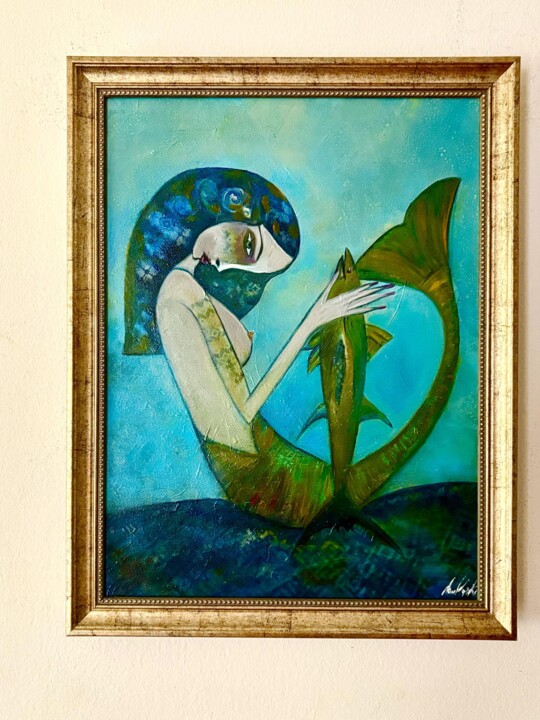 Painting titled "„Русалката и златна…" by Anna Mytavska (Cabrerra), Original Artwork, Fabric